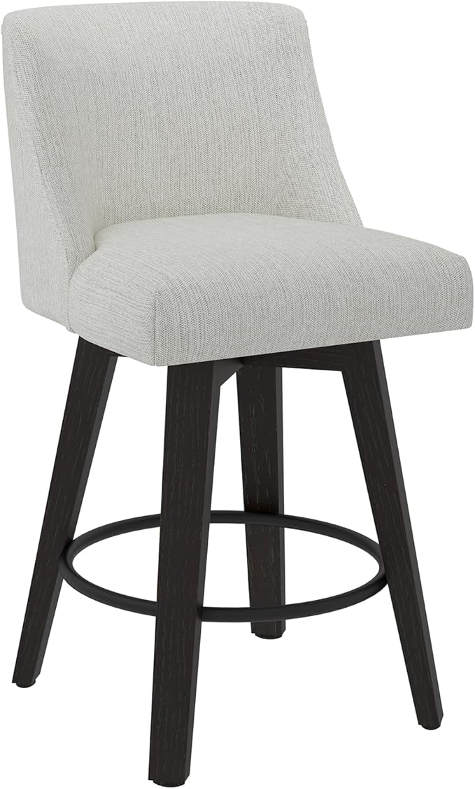 Counter Height Swivel Bar Stools Set of 6, 26 Inch Bar Stools with Footrest, Linen Fabric Upholstered Barstools with Back and Solid Wood Legs for Kitchen Island, Dining Room,Pub,White