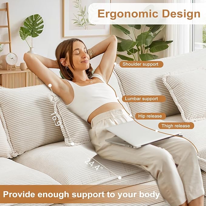 Furniliving 117‘’ L-Shaped Sofa, Luxury Corduroy Modular Sectional Couches with Ottoman, Upholstered Deep Seat Sleeper Sofa with Memory Foam and Waist Pillows, Beige
