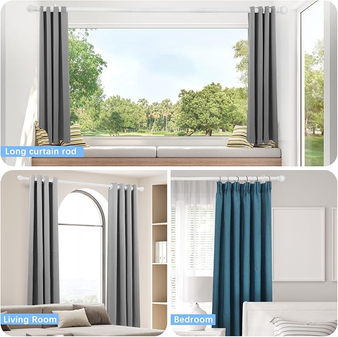 Curtain Rods for Windows 16 to 120 Inches, Curtain Rod Max Adjustable Length of 132 IN, 6/8" Diameter Drapery Rods Round Finials, White, Pack of 2