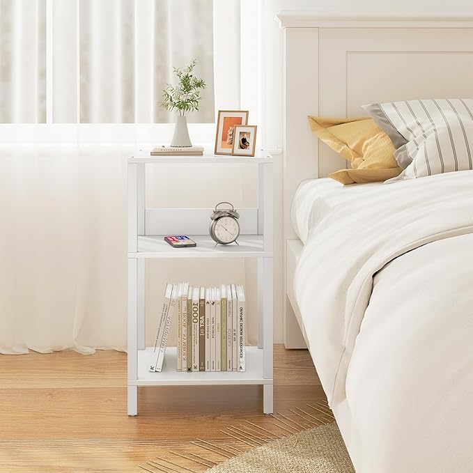 TUTOTAK Record Player Stand with Storage Up to 100 Albums,Record Storage Table,3 Tier End Table,Side Table for Living Room, Bedroom, White TB01BW075