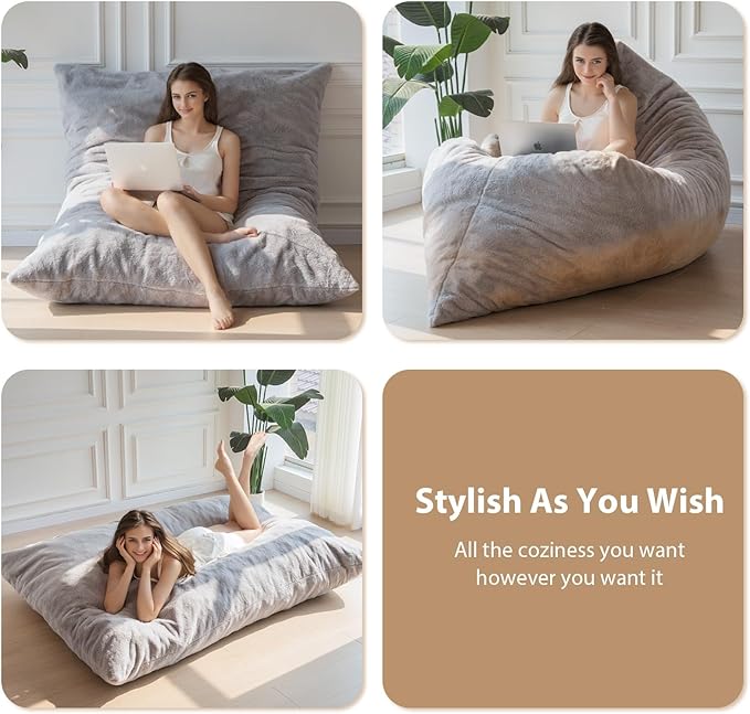 BYBYME 3 in 1 Bean Bag Chair, Convertible Chair Folds from Bean Bag to Lounger, High-Density Foam Filling, Faux Fur Big Sofa Bed, Giant Bean Bag Chair Bed for Adults