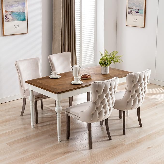 PacknWood Acosure Set of 2 Velvet Upholstered Wing-Back Dining Chair with Backstitching Nailhead Trim,Exquisite Furniture Stool W/Wood Legs,for Kitchen,Sitting Room,Beige