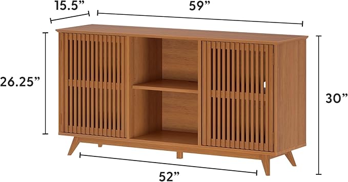 Plank+Beam Mid-Century Modern Wood TV Stand, Solid Wood Entertainment Console with Storage, 59" L x 16" W x 30" H, Pecan