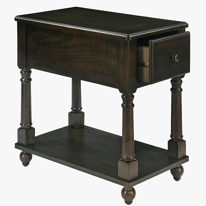 LEEMTORIG Solid Wood End Table Narrow Side Table with Drawer, Cherry Wood End Table Living Room, 13" W Slim Bedside Table Small Nightstand, 22" D x 22.7" H, No-Tools Assembly, Rustic Black BBJ-004-BK