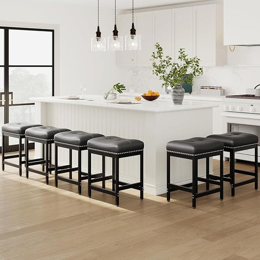 MALOL Set of 6 Saddle Bar Stools Counter Height 24.4”, Black Backless Barstools for Kitchen Island, Modern PU Leather Cushioned Seat, Bar Chairs for Kitchen Counter, Breakfast Bar Stools for Home