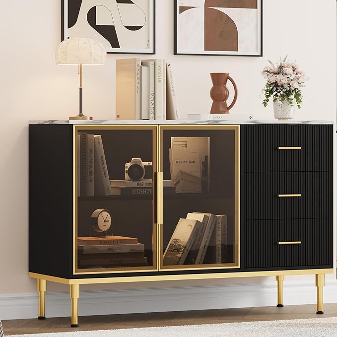 Buffet Sideboard Cabinet with Storage, 46.4" Large Fluted Kitchen Sideboard Cabinet with 2 Glass Doors 3 Drawers and Shelves, Faux Marble Top Buffet Table for Dining Room, Living Room, Black