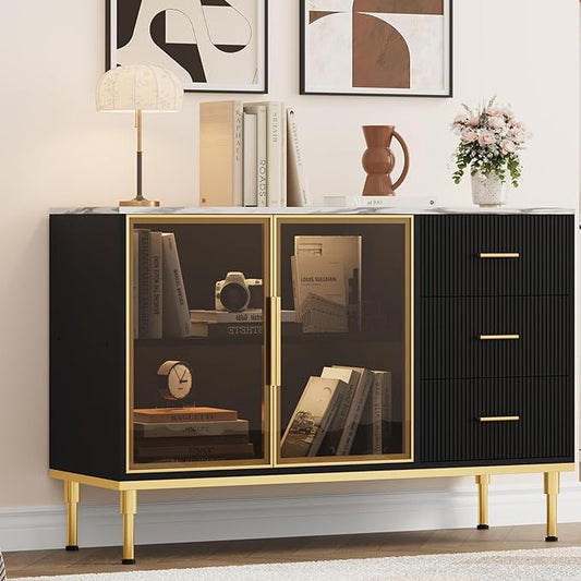 Buffet Sideboard Cabinet with Storage, 46.4" Large Fluted Kitchen Sideboard Cabinet with 2 Glass Doors 3 Drawers and Shelves, Faux Marble Top Buffet Table for Dining Room, Living Room, Black