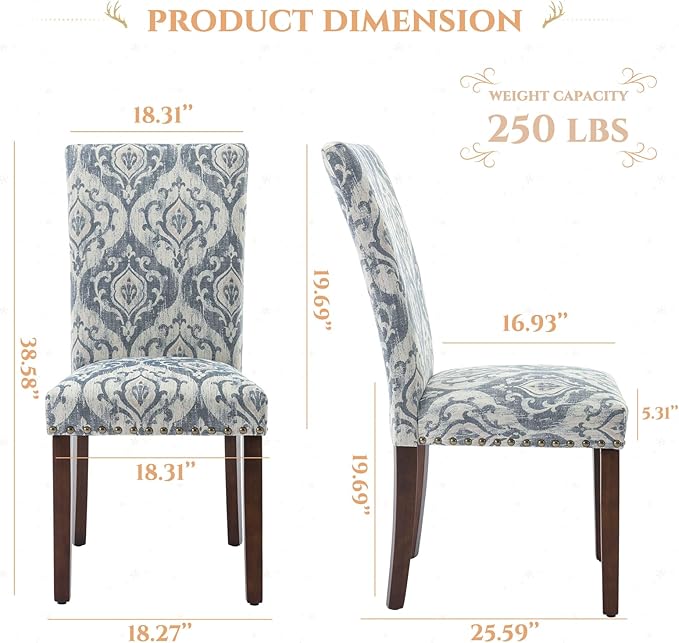 Parsons Dining Chairs Set of 6, Upholstered Nailhead Dining Room Kitchen Side Chair with Thick Cushions and Wood Legs, White/Blue