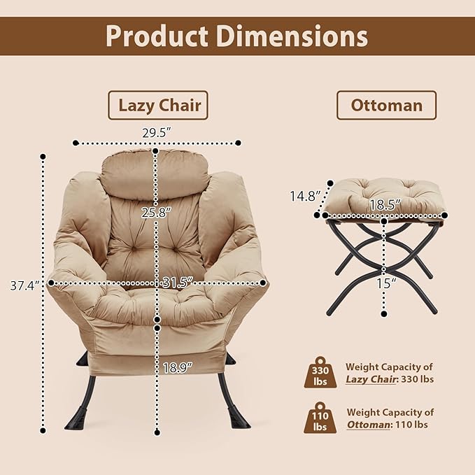 Lazy Chair with Folding Ottoman, Accent Chair Velvet Upholstered with Metal Structure and Non-Slip Pads, Sofa Armchair with Footrest and Side Storage Bag for Dorm, Room, Office, Khaki
