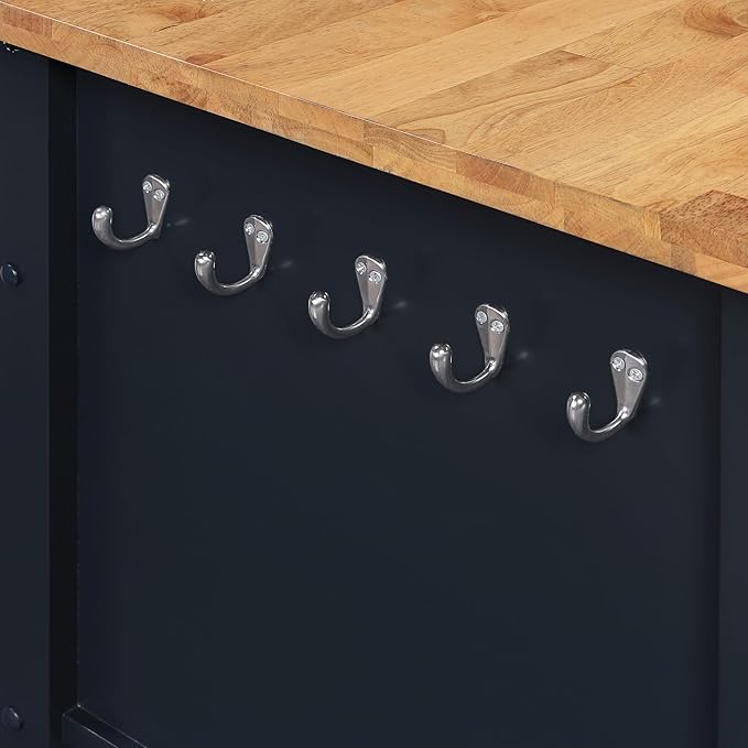 OSP Home Furnishings Stirling Farmhouse Kitchen Cart, Rolling Storage Cabinet with Drawers, Shelf, 5 Utility Hooks, Dark Blue with Natural Wood Top