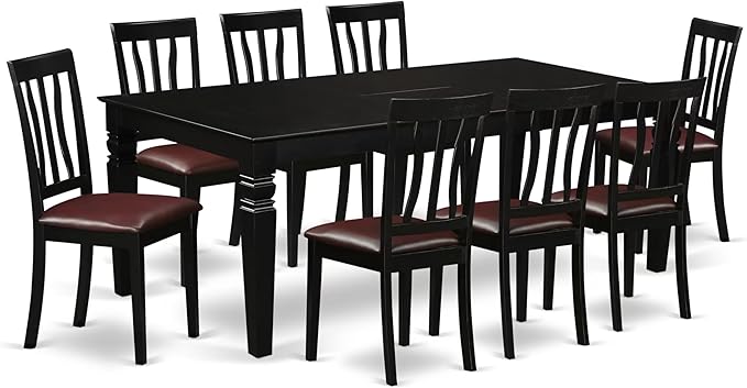 East West Furniture LGAN9-BLK-LC 9 Piece Dining Table Set Includes a Rectangle Dinner Table with Butterfly Leaf and 8 Faux Leather Dining Room Chairs, 42x84 Inch, Black