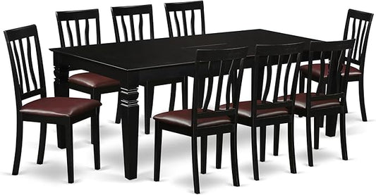East West Furniture LGAN9-BLK-LC 9 Piece Dining Table Set Includes a Rectangle Dinner Table with Butterfly Leaf and 8 Faux Leather Dining Room Chairs, 42x84 Inch, Black