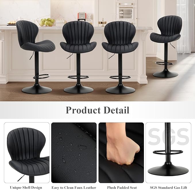 COLAMY Bar Stools Set of 3, Modern Swivel Bar Chairs, Adjustable Faux Leather Upholstered Barstools Counter Height with High Backrest for Bar, Kitchen Island, Dining Room, Black