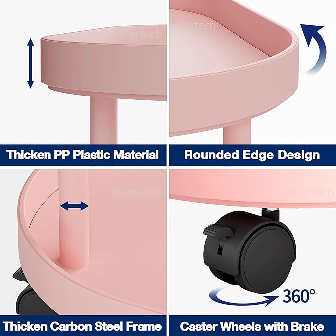 Side Table with Wheels, End Table Living Room Plastic Mobile Sofa Side Table Small Night Stand Bedroom Pink (2 Pack)