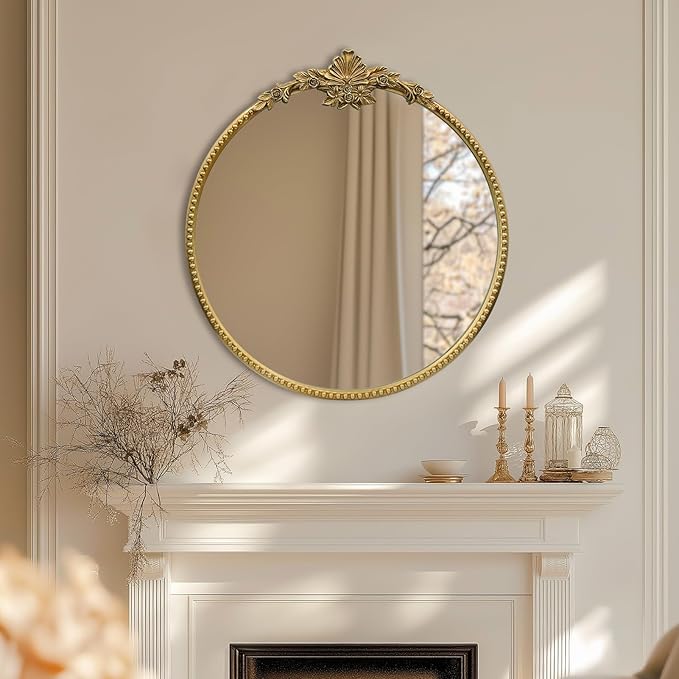 Round Gold Mirror,28inch Baroque Style Vintage Decorative Circle Wall Mirror for Living Room, Bedroom, Bathroom, and Entryway,Antique Gold