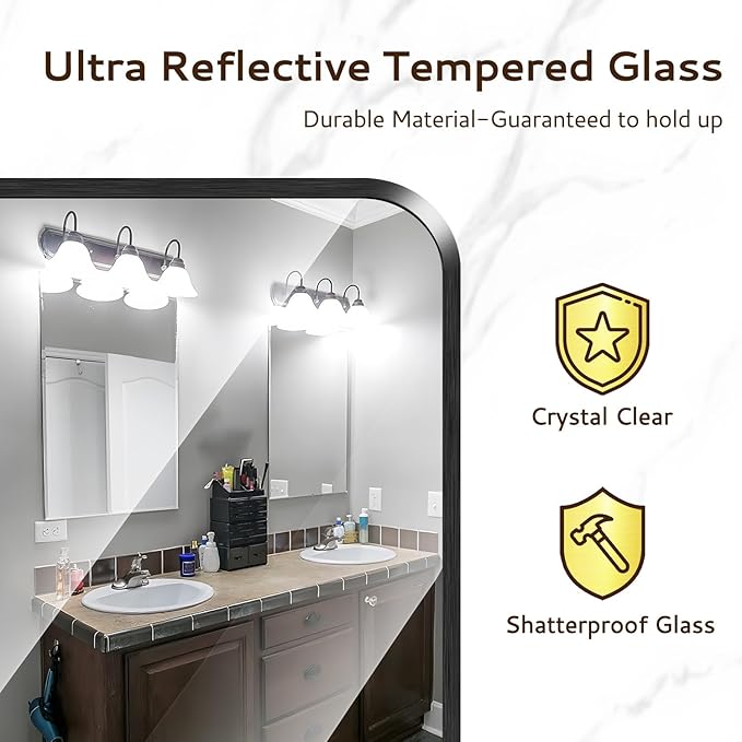 24x36 Rounded Rectangle Bathroom Mirrors for Over Sink, Black Vanity Mirror with Metal Frame Wall Mounted, Modern Farmhouse Mirror for Restroom, Bedroom, Entryway Decor