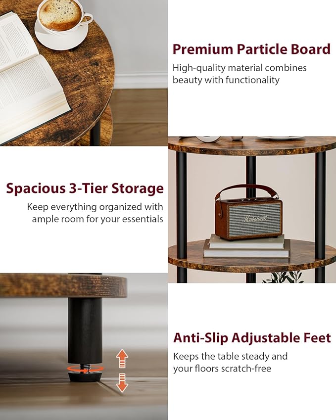 Small Round End Table - 3 Tier Design Accent Table, Narrow Side or Bedside Stand, Industrial Vintage Nightstand for Bedroom, Living Room, or Small Spaces, Set of 2, Rustic Brown