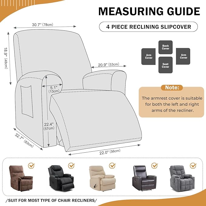 vctops 4 Pieces Geometric Jacquard Plush Recliner Slipcovers Soft Fuzzy Fluffy Sofa Couch Cover Anti-Slip Furniture Protector with Elastic Bottom for Kids Cats Dogs(Cream,1 Seat)