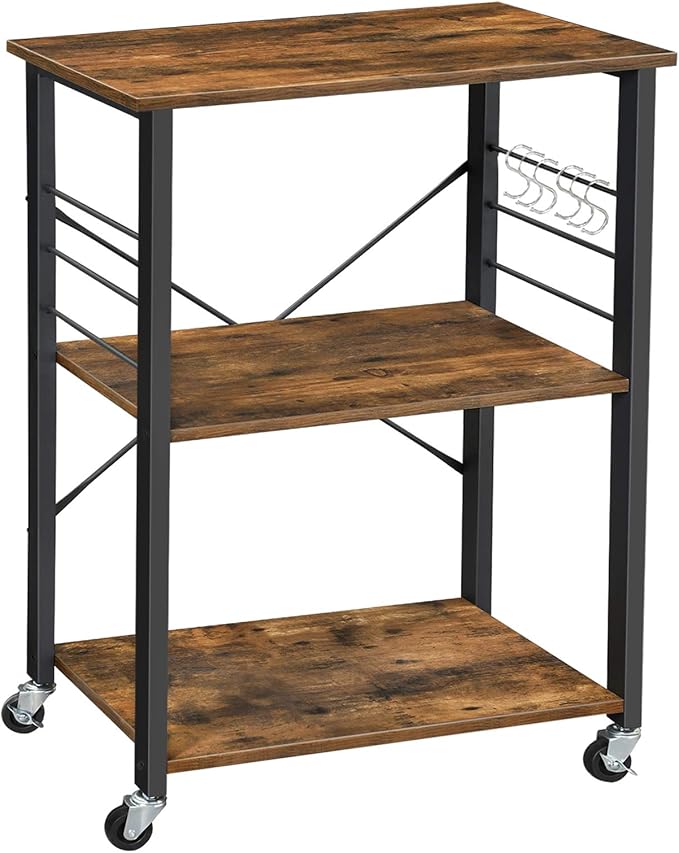 VASAGLE Kitchen Shelf on Wheels, Serving Cart with 3 Shelves, Kitchen Cart, Microwave Shelf, for Mini Oven, Toaster, with 6 Hooks, Industrial Style, Rustic Brown and Black UKKS60XV1
