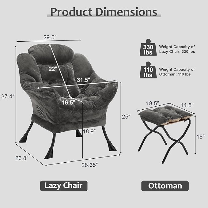 Fabric Lazy Chair with Ottoman, Oversized Upholstered Sofa Chair for Adults, Plush Comfy Lounge Chair with Large Side Storage Pocket, Reading Chair for Living Room, Bedroom, Office, Dark Gray