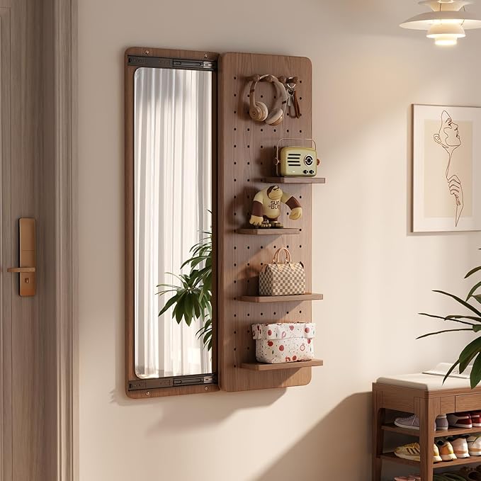 KungFuWood Full Length Mirror with Shelf and Hooks,Entry Way Mirrors for Wall,Wall Mirror with Shelf,Wall Mirror with Storage Multifunctional Design Panel,Living Room