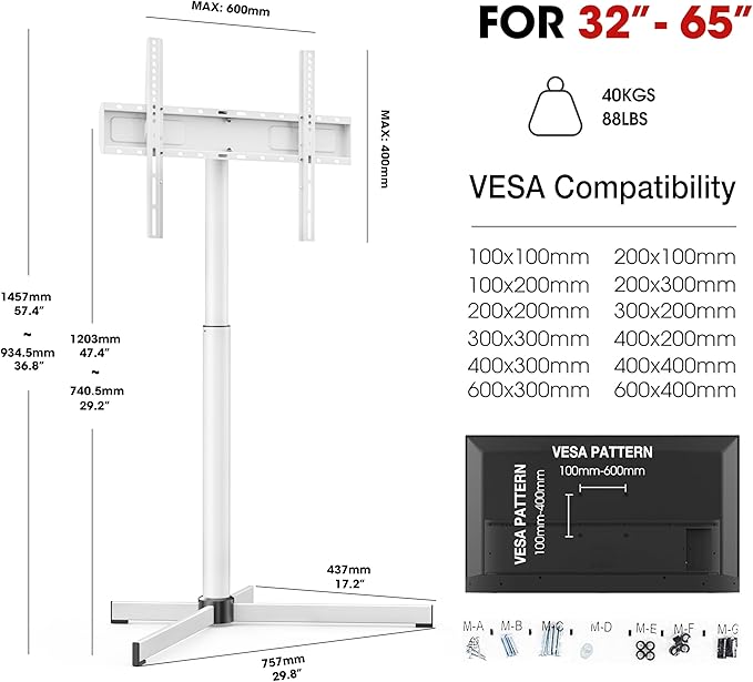 Modern Minimalist Swivel Floor TV Stand for 32-65 Inch TVs up to 88lbs, 12 Levels Height Adjustable with Tilt, Space Saving TV Mount Stand for Living Room/Bedroom, Iron Base, MAX VESA 600x400mm