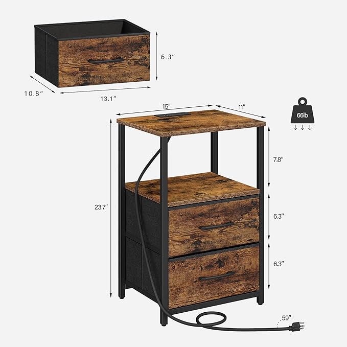 TUTOTAK LED End Table with Charging Station, Night Stand, Side Table with 2 USB Ports and Outlets, Nightstand with Cloth Drawer, Bedside Table for Livingroom, Bedroom Brown TB01BB088L
