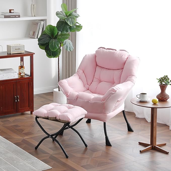 Lazy Chair with Folding Ottoman, Modern Accent Lounge Armchair with Armrests and a Side Pocket & Foldable Footstool, Leisure Reading Chair for Living Room, Bedroom, Dorm & Office, Pink