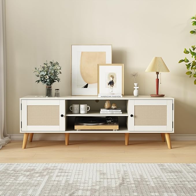 TV Stand for TVs up to 65 inches, Rattan Grain Finish Panel with 2 Storage cabinets, Modern Minimalist Style, Living Room, Audio-Visual Room for Multiple Rooms,3 Colors Available (White)