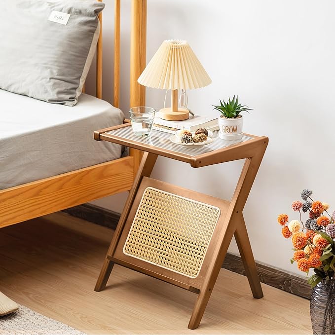 Tiita 2 Pack Rattan Side Table, Mid Century Nightstand, Bamboo Accent Bedside Tables, Glass Coffee Tables, Boho Wooden End Table with Storage for Small Space, Living Room and Bedroom