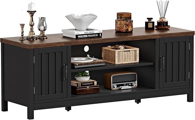 ChooChoo Farmhouse TV Stand for Televisions up to 65 inches, Entertainment Center Console Table Media Furniture with Storage Cabinets and Open Shelves, Fluted Door, for Living Room Bedroom, Black