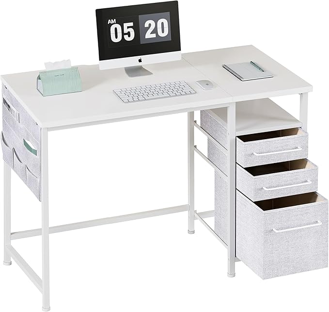 Ｍａｉｈａｉｌ Maihail Small Desk with Drawers, 40 inch Computer Desk with Shelves, Writing Desk with Storage, Small Office Desk with Metal Frame, White