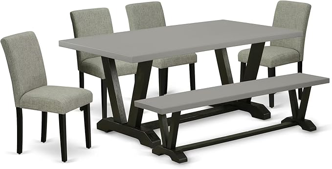 East West Furniture V697AB106-6 6 Piece Dinette Set Contains a Rectangle Dining Room Table with V-Legs and 4 Shitake Linen Fabric Upholstered Chairs with a Bench, 40x72 Inch, Multi-Color