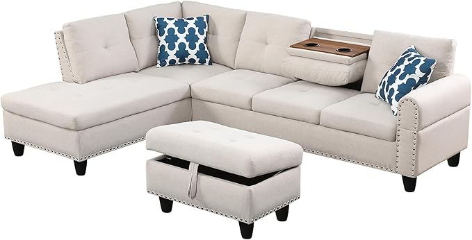 Ball & Cast 98" L Shaped Sectional Couch for Living Room with Storage Ottoman & Nailhead Trim,4 Seat Linen Upholstered Modular Sectional Sofa Set 3 PCS W/Chaise & Cup Holders,for Home,Office,Beige