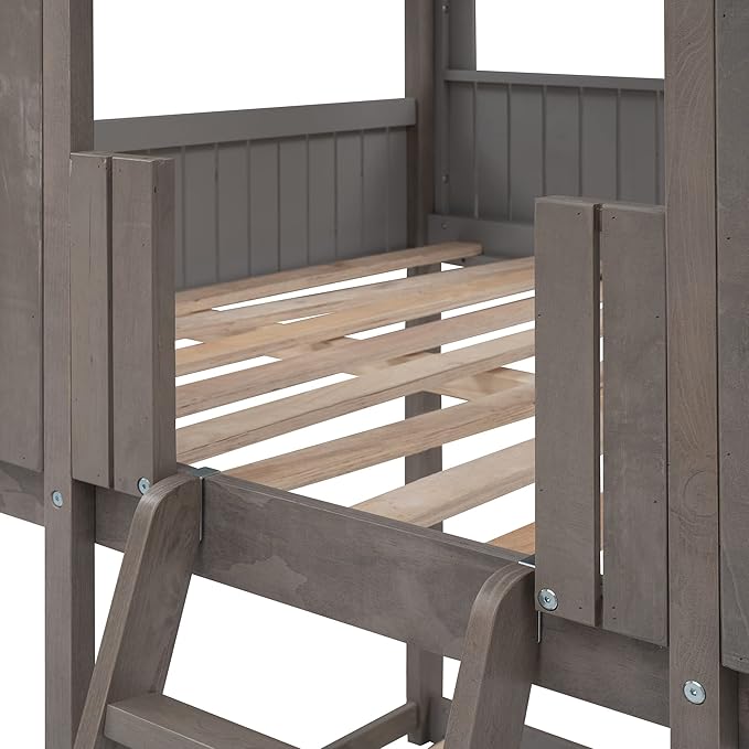 Ball & Cast Full Over Full Size Playhouse Bunk Bed with Roof and Window,Wood Bunkbed w/Full-Length Guard Rail & Ladder,Slat Support,Space Saving,Bedroom Furniture for Student Dorms,Antique Gray