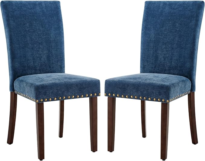 COLAMY Upholstered Parsons Dining Chairs Set of 4, Fabric Dining Room Kitchen Side Chair with Nailhead Trim and Wood Legs - Dark Blue