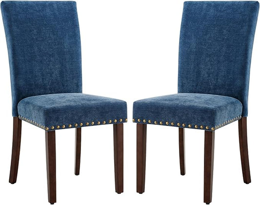 COLAMY Upholstered Parsons Dining Chairs Set of 4, Fabric Dining Room Kitchen Side Chair with Nailhead Trim and Wood Legs - Dark Blue