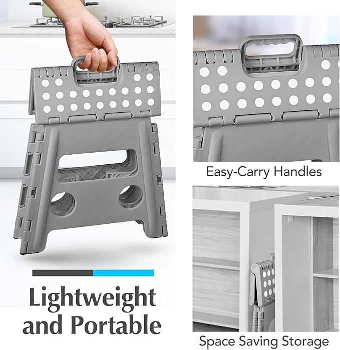 Handy Laundry Folding Lightweight Step Stool - Sturdy Enough to Support Adults and Safe Enough for Kids - Opens Easy with One Flip - Great for Kitchen, Bathroom or Bedroom (Grey - 13 inch)