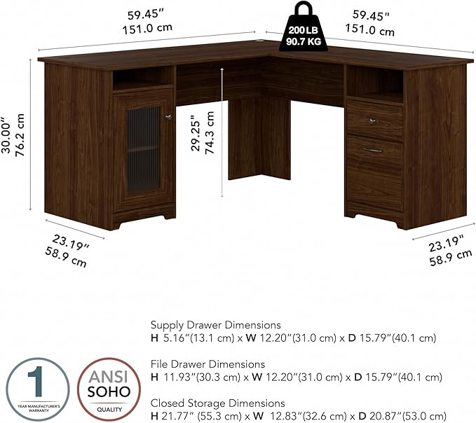 Bush Furniture Cabot L Shaped Computer Desk in Modern Walnut | Corner Table with Drawers for Home Office