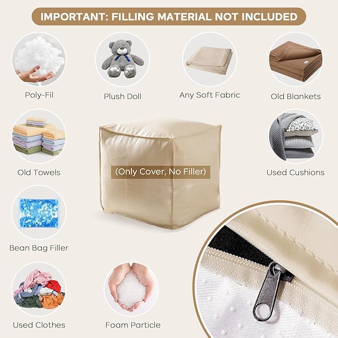 17.7" Square Unstuffed Pouf Ottoman Cover (Only Cover No Filler), Pu Leather Poufs Cube Foot Stool Poofy Ottomans Footrest, Casual Footstool for Living Room, Perfect to Rest Your Feet, Beige
