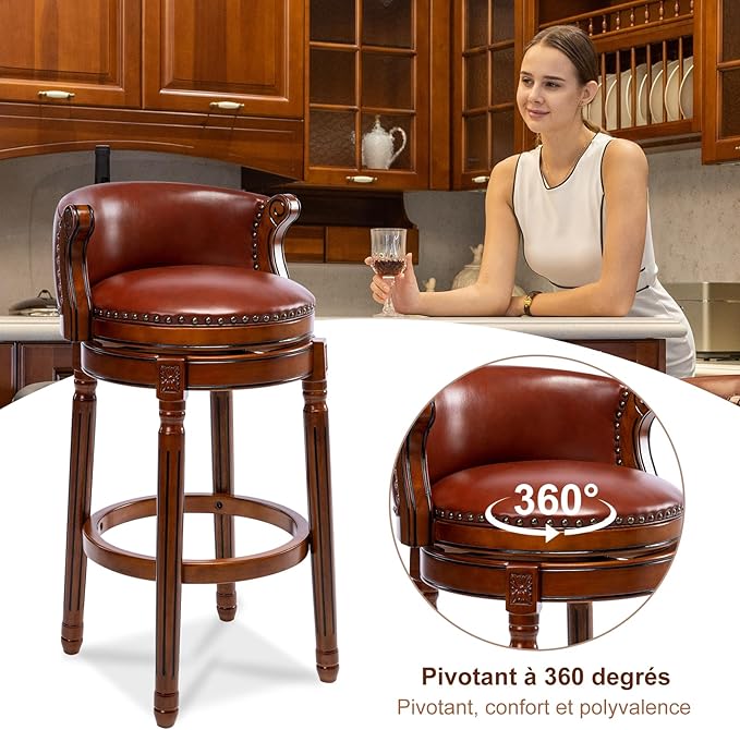 Cow top Leather Wooden Bar Stools, 26" Counter Height Bar Chair with Back, 180 Degrees Swivel Barstools Chair for Home Kitchen Counter,Dining Room, Restaurant