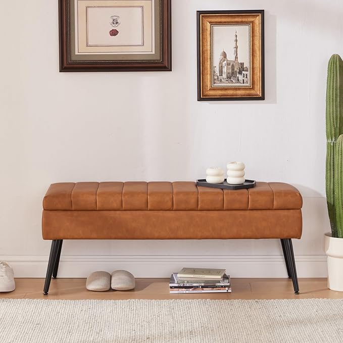 CUYOCA Storage Ottoman Bench, 43.5" Faux Leather Upholstered Entryway Bench, Long Ottoman with Storage for Living Room, Support 660lbs - Cognac Brown