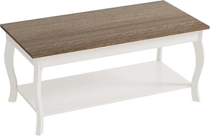 ChooChoo Coffee Table, Rustic Center Table with Curved Legs and Storage Shelf, 39" Coffee Table for Living Room, Soft White