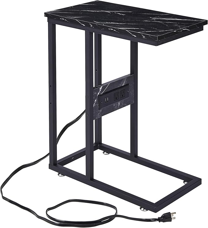 VECELO C Shaped End Side Table with Charging Station & Power Outlets for Couch Sofa/Bed Snack TV Tray with Metal Frame for Living Room Bedroom 1 Set, Black Marble