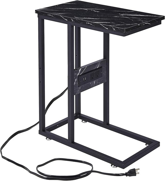 VECELO C Shaped End Side Table with Charging Station & Power Outlets for Couch Sofa/Bed Snack TV Tray with Metal Frame for Living Room Bedroom 1 Set, Black Marble