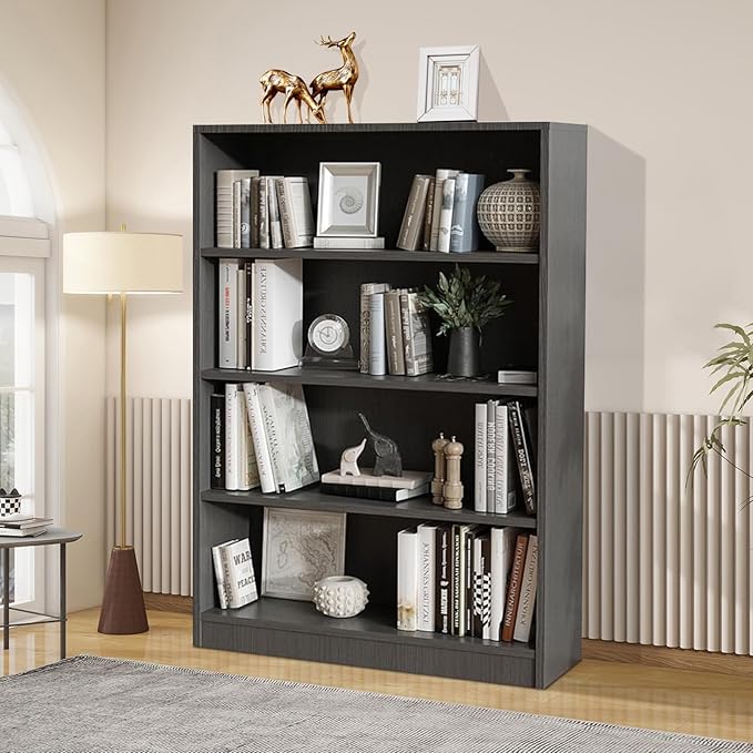 Wooden Bookcase with Adjustable Shelves, 4 Tier Wooden Bookshelf for Small Spaces, Office or Living Room, Modern Bookshelves Storage Rack, Manga Display Shelf,48 Inch,Gray