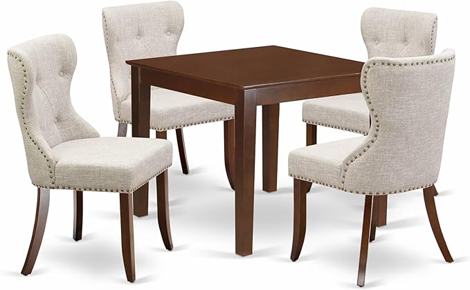 East West Furniture OXSI5-MAH-35 5 Piece Kitchen Table & Chairs Set Includes a Square Dining Room Table and 4 Doeskin Linen Fabric Parson Dining Chairs, 36x36 Inch, Mahogany