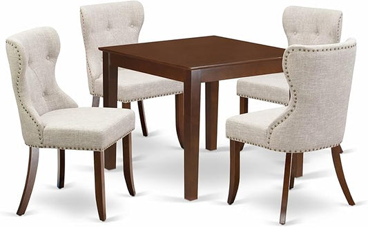 East West Furniture OXSI5-MAH-35 5 Piece Kitchen Table & Chairs Set Includes a Square Dining Room Table and 4 Doeskin Linen Fabric Parson Dining Chairs, 36x36 Inch, Mahogany
