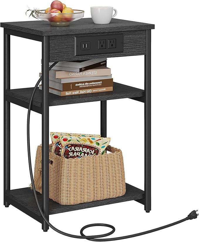 TUTOTAK End Table with Charging Station, Nightstand, 3-Tier Couch Side Table with USB Ports and Outlets, Bedside Table for Small Space, Living Room TB01BK026
