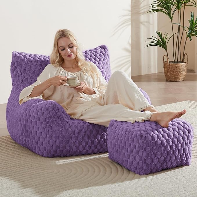 Bean Bag Chair with Ottoman - Modern Comfy Beanbag Sofa with Footrest, Soft Faux Fur Lounger Chair for Adults Teens, Cozy Memory Foam Filled Gaming Reading Chairs for Bedroom, Living Room (Purple)